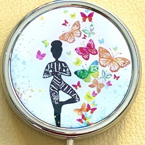 Yoga Girl Butterflies 3 Compartment Purse Travel Vitamin Pill Box Container New